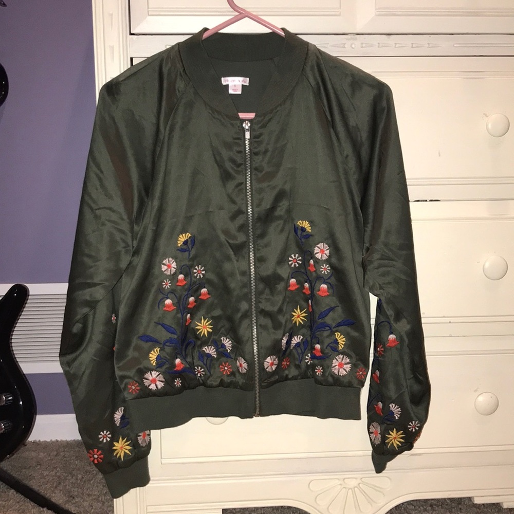 Never Worn Green Embroidered Bomber Jacket